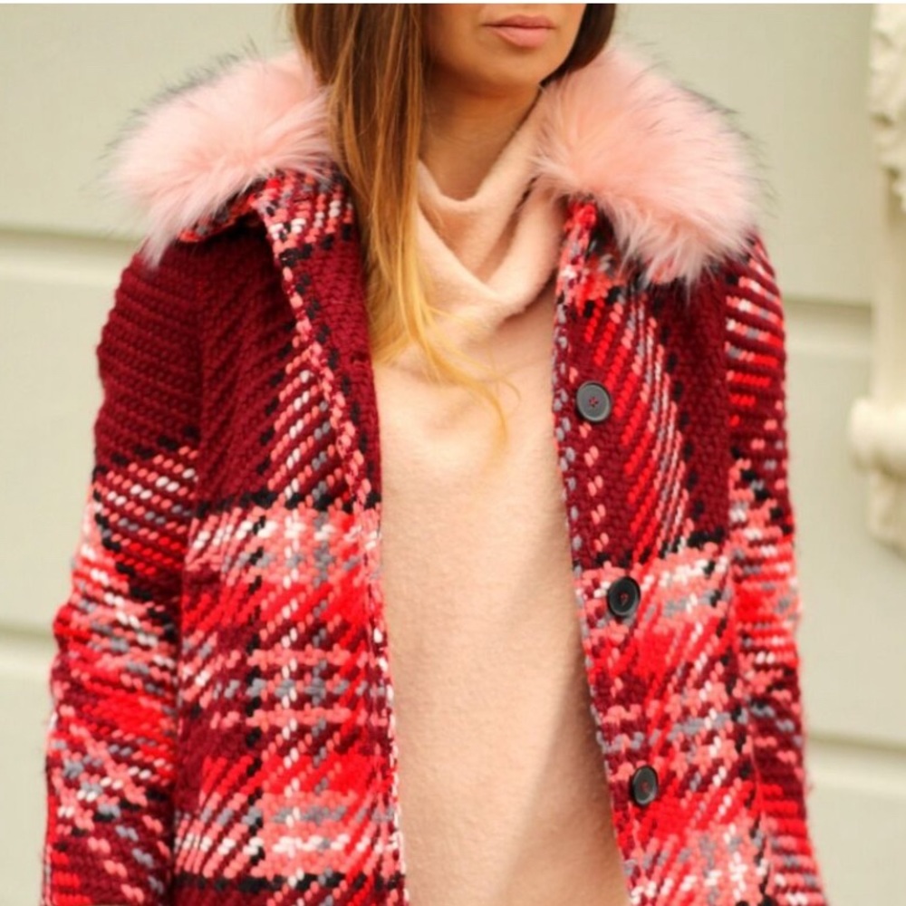 Zara red tartan wool coat with fake fur